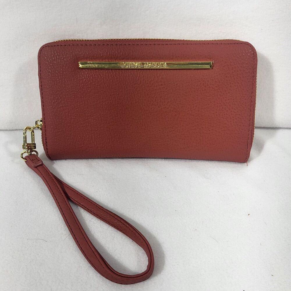 Steve Madden Women’s Hunter Zip Around Wristlet Wallet Cognac Faux Leather
